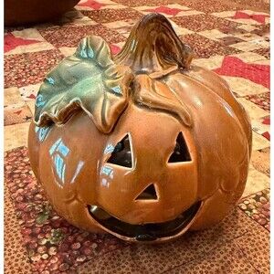 Vintage High-Gloss Ceramic Jack-O-Lantern Pumpkin Luminary 7"